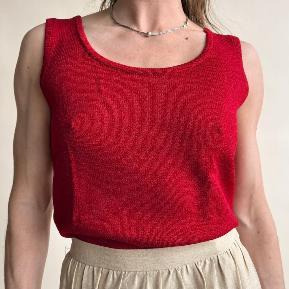 St. John Collection Red Knit Top - Sleeveless, Ribbed Hem, Size P (Fits S) - Picture 6 of 7